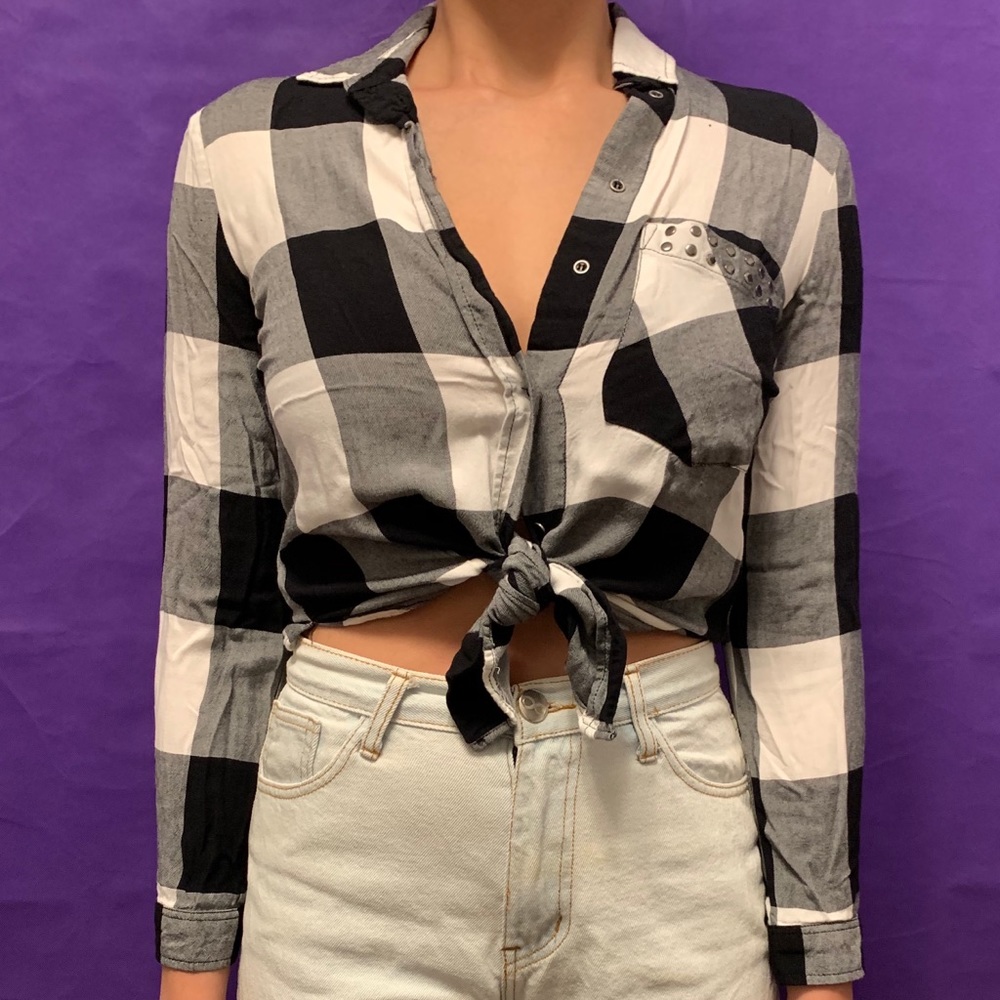 Long Sleeve Plaid Studded Button Down